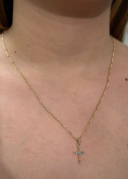 Dije cruz con swarovski multicolor 0.6gr / Largo 2cm / Oro Amarillo Nac P