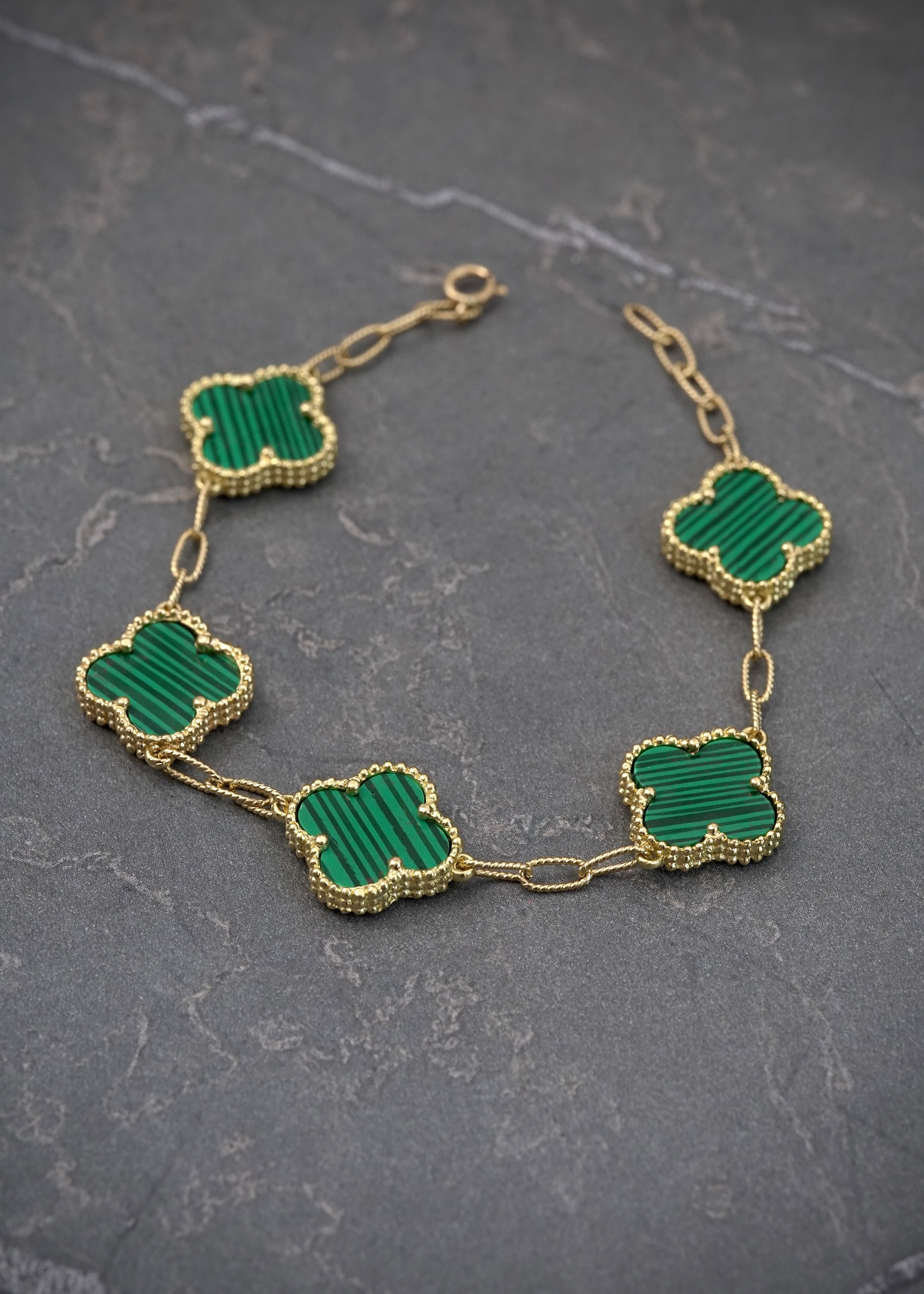 Pulso aro seguido lucky clover verde 8.85gr / Largo 17.5 cm / Oro Amarillo italy cte P
