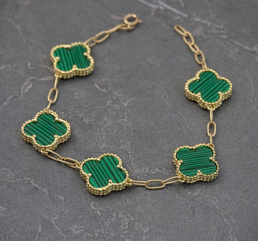 Pulso aro seguido lucky clover verde 8.85gr / Largo 17.5 cm / Oro Amarillo italy cte P