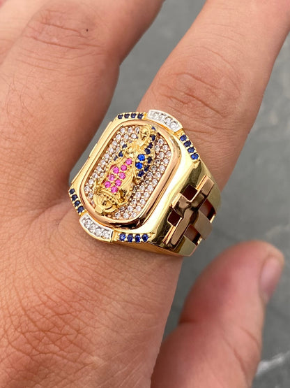 Anillo Virgen de Guadalupe con Swarovski 12.5gr / Talla 8 1/4 — Oro Dos Oros