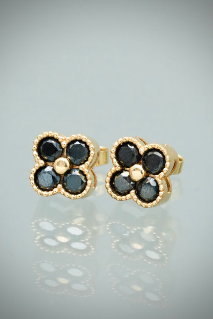 Topos Lucky Clover con Swarovski Negro 2.75gr / 0.8cm / 8.5mm — Oro Amarillo