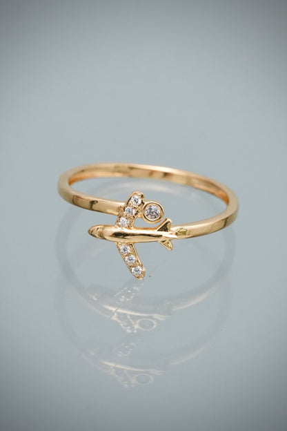 Anillo Avion con Swarovski Blanco 1.4gr / Talla 6 1/2 — Oro Amarillo