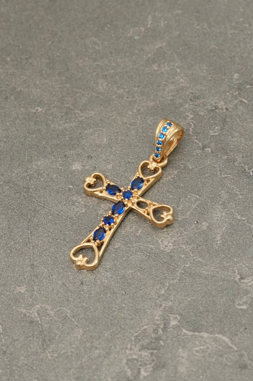 Dije cruz con swarovski azul 1.7gr / Largo 3.2cm — Oro Amarillo