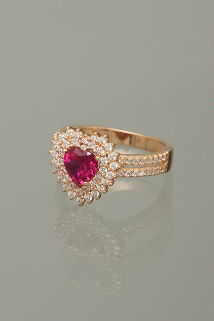 Anillo corazon con swarovski fucsia y blanco 4.1gr / TALLA 6 1/2 / Oro Amarillo Nac P