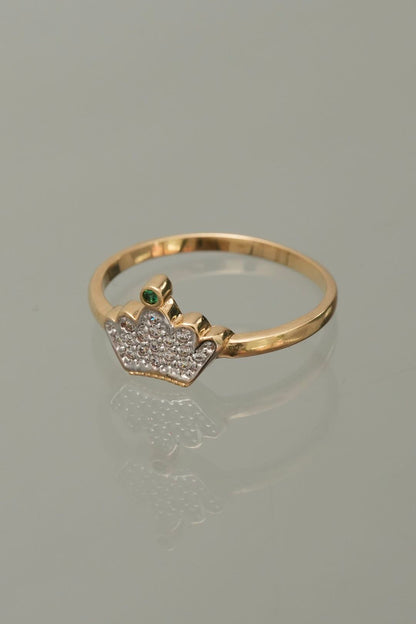 Anillo corona con swarovski blanco y verde 1.9gr / TALLA 6 3/4 / Oro Amarillo Nac M
