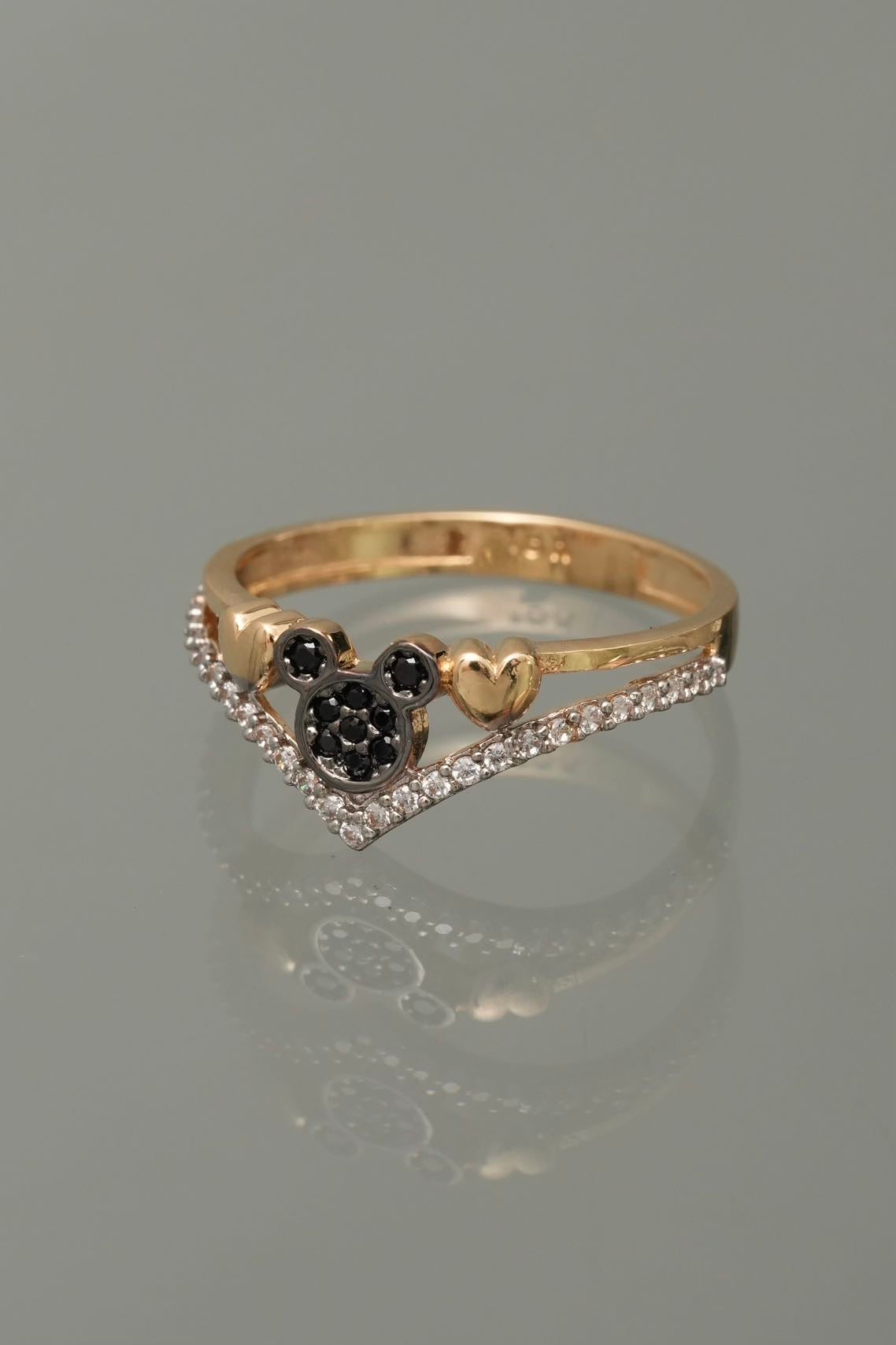 Anillo de mickey mouse con swarovski negro y blanco 2.35gr / TALLA 6 3/4 / Oro Amarillo Nac*