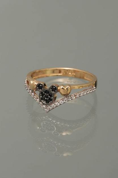 Anillo de mickey mouse con swarovski negro y blanco 2.35gr / TALLA 6 3/4 / Oro Amarillo Nac*