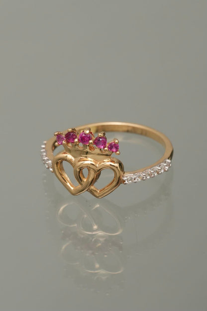 Anillo corazones con swarovski blanco y fucsia 2.1gr / TALLA 6 1/2 / Oro Amarillo Nac M
