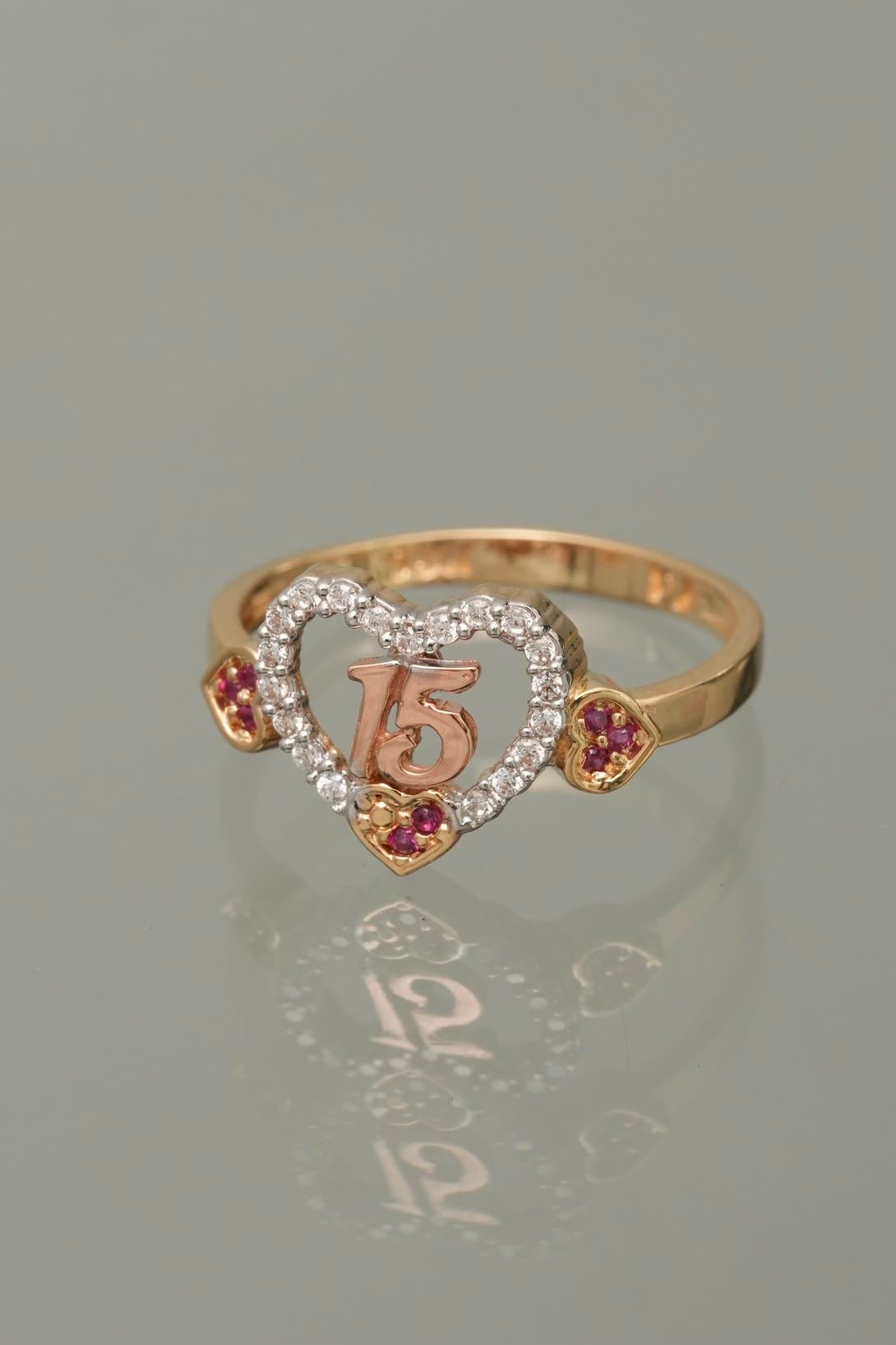 Anillo 15s corazon con swarovski blanco y fucsia 2.5gr / TALLA 6 1/2 / Dos Oros  Nac M