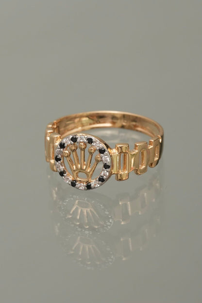 Anillo rx con swarovski blanco y negro 2.4gr / TALLA 6 1/4 / Oro Amarillo Nac B