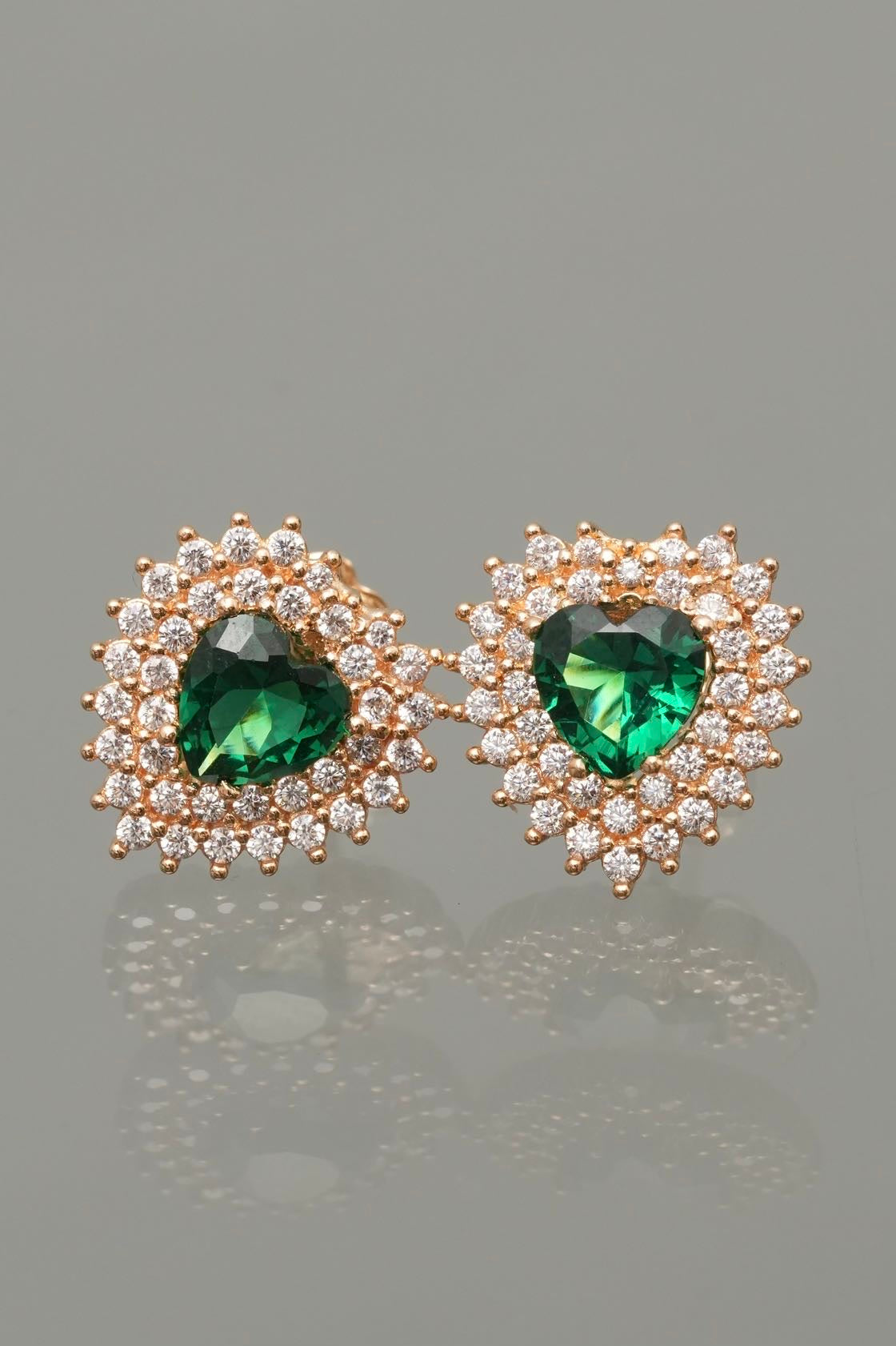 Topos de corazon con swarovski verde y blanco 4.2gr / Largo 1.4cm — Oro Amarillo