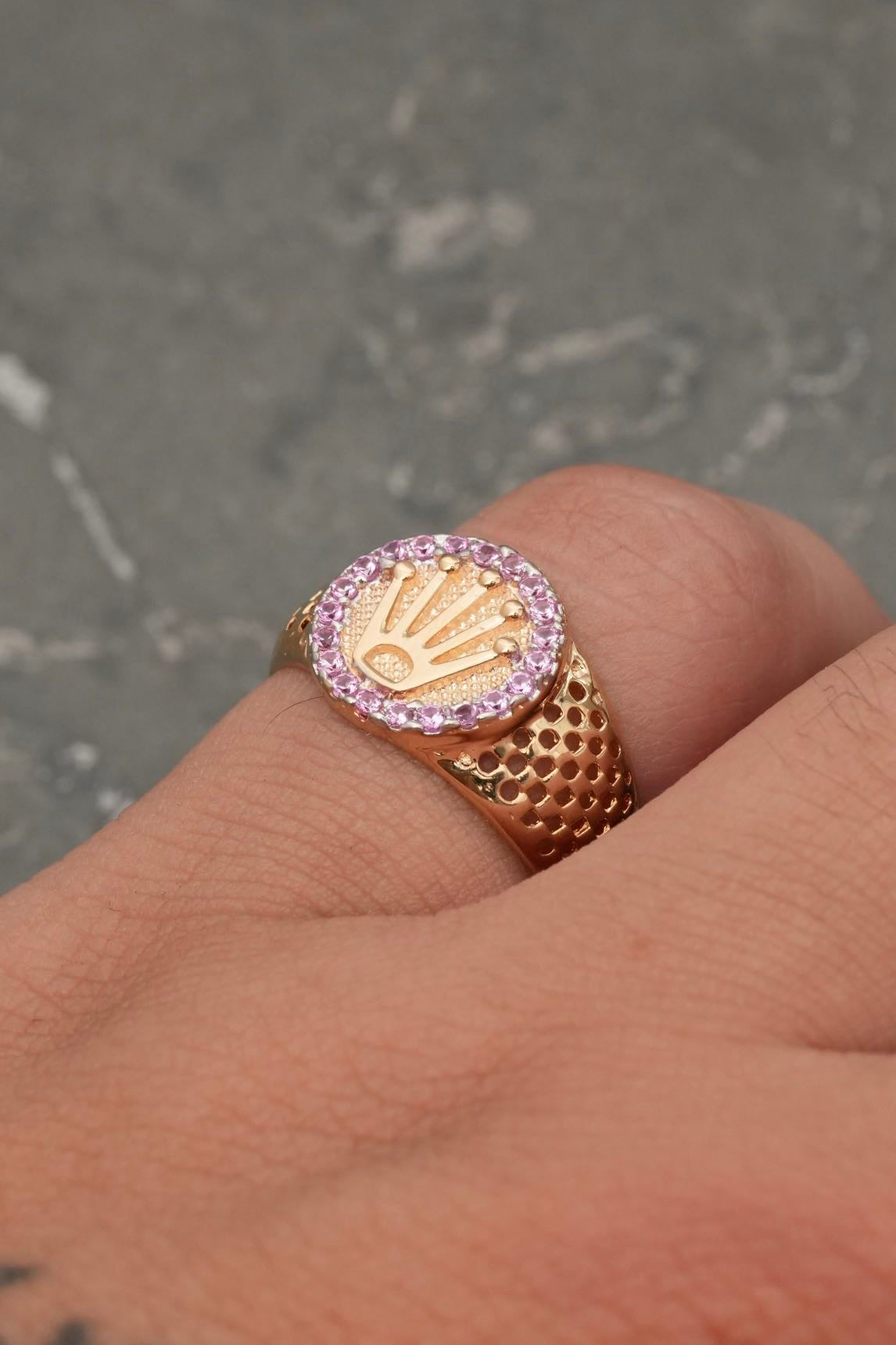 Anillo rx con swarovski rosado 3.45gr / TALLA 7 / Oro Amarillo Nac B