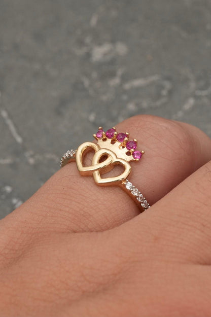 Anillo corazones con swarovski blanco y fucsia 2.1gr / TALLA 6 1/2 / Oro Amarillo Nac M