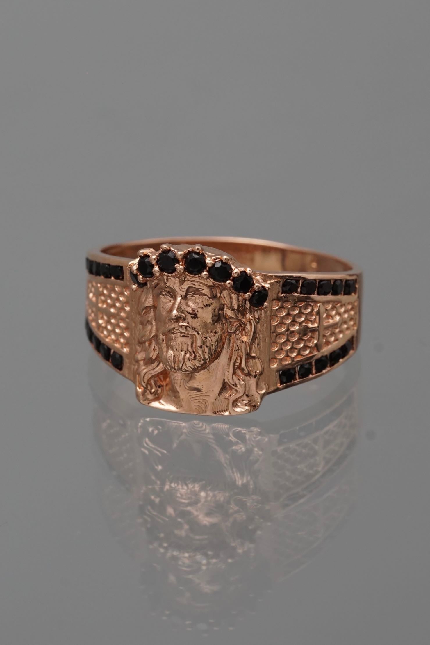 Anillo rostro de jesus con swarovski negro 5.45gr / Talla 11 / Oro Rosado Nac*