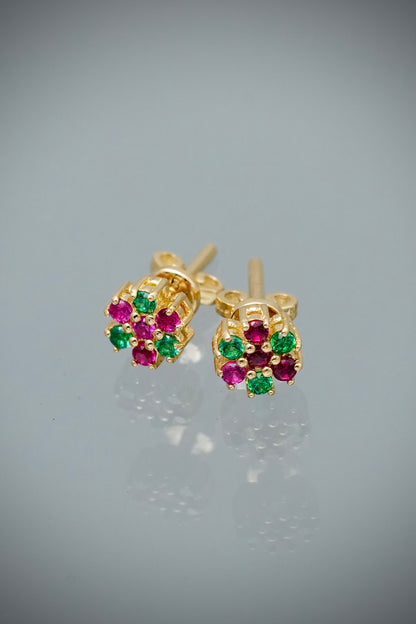 Topos flor con swarovski fucsia y verde 1.6gr / Largo 0.5cm / Oro Amarillo Nac M