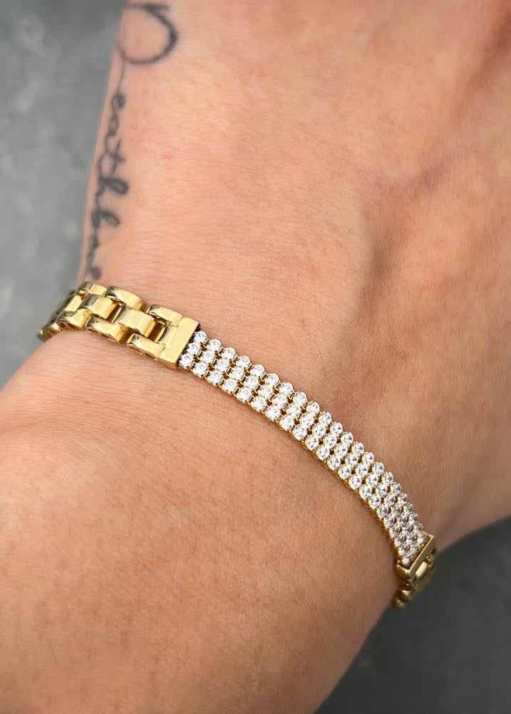 Pulso tenis tres hileras con swarovski  8.25gr / Largo 18cm — Oro Amarillo