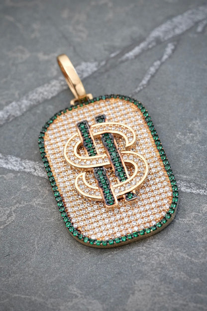 Dije signo peso con swarovski verde y blanco 9.8gr / Largo 4.5cm — Oro Amarillo