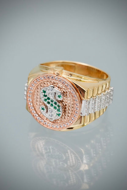 Anillo signo peso con swarovski verde y blanco 10.3gr / TALLA 9 1/4 / Dos Oros Nac M