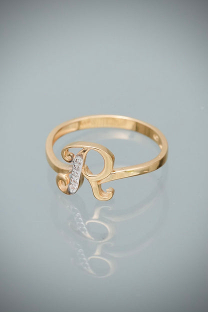 Anillo letra R con swarovski blanco 2gr / TALLA 7 1/4 / Oro Amarillo Nac M