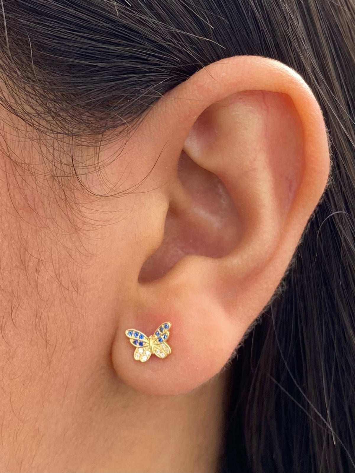 Topos mariposa con swarovski azul y blanco 0.95gr / Largo 0.6cm — Oro Amarillo