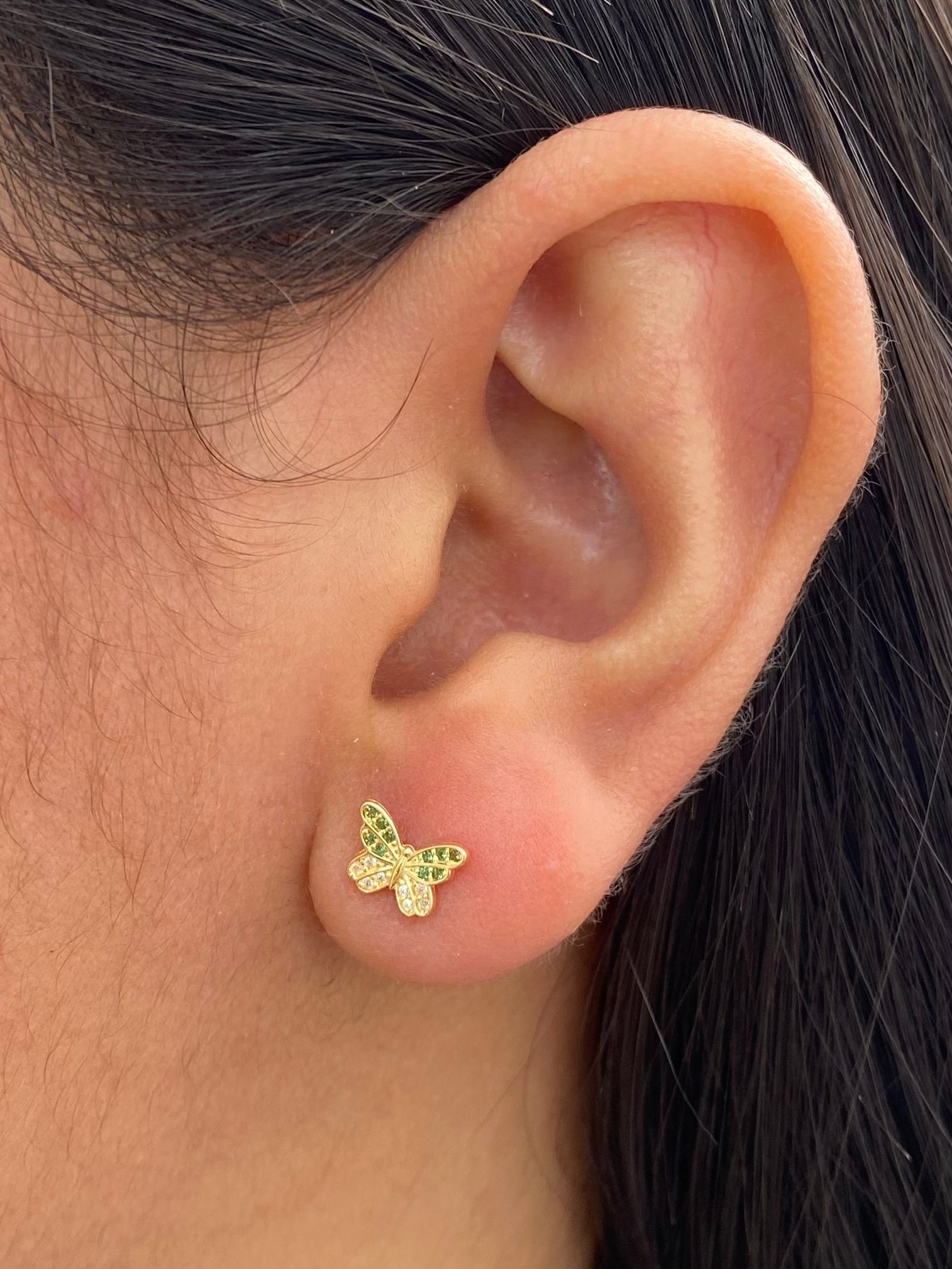Topos mariposa con swarovski verde y blanco 1gr / Largo 0.6cm — Oro Amarillo