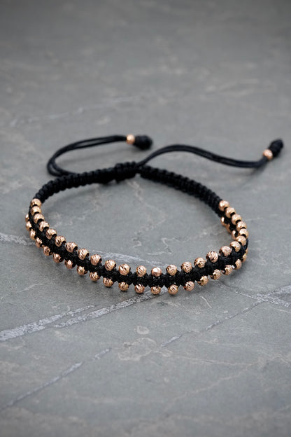 Pulsera en Hilo Negro con Bolas Diamantadas 2.5gr — Oro Rosado