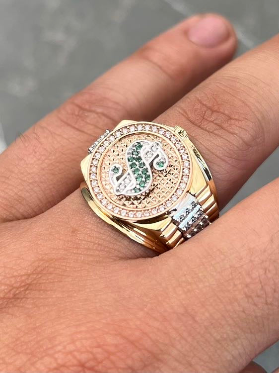 Anillo signo peso con swarovski verde y blanco 10.3gr / TALLA 9 1/4 / Dos Oros Nac M