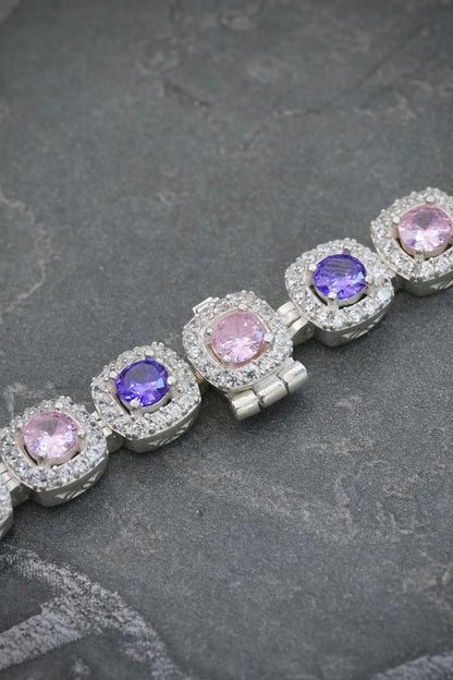Cadena Tenis con Swarovski Rosado y Morado 70.1gr / 60cm / 7.7mm — Plata 925