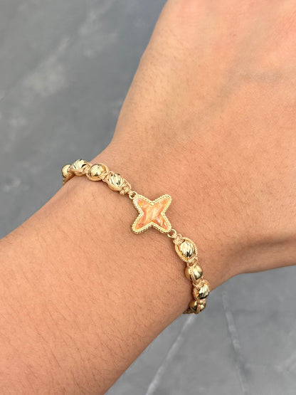 Pulsera en Hilo Beige con Herraje y Bolas Lisas - Diamantadas 3.1gr — Oro Amarillo