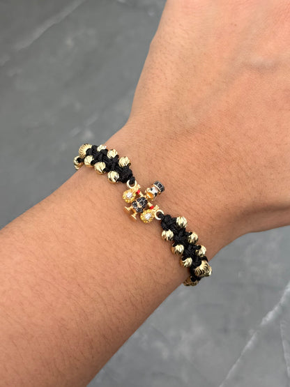 Pulsera en Hilo Negro con Herraje Tio Rico y Bolas Diamantadas 4.45gr — Oro Amarillo
