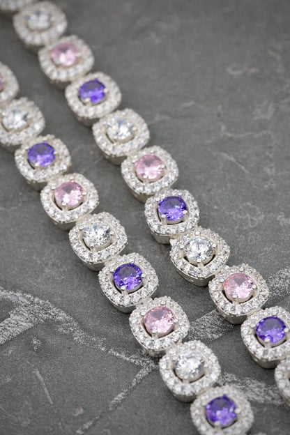 Cadena tenis con swarovski rosado y morado 53.95gr / Largo 45cm / Plata M