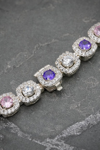 Cadena tenis con swarovski rosado y morado 53.95gr / Largo 45cm / Plata M