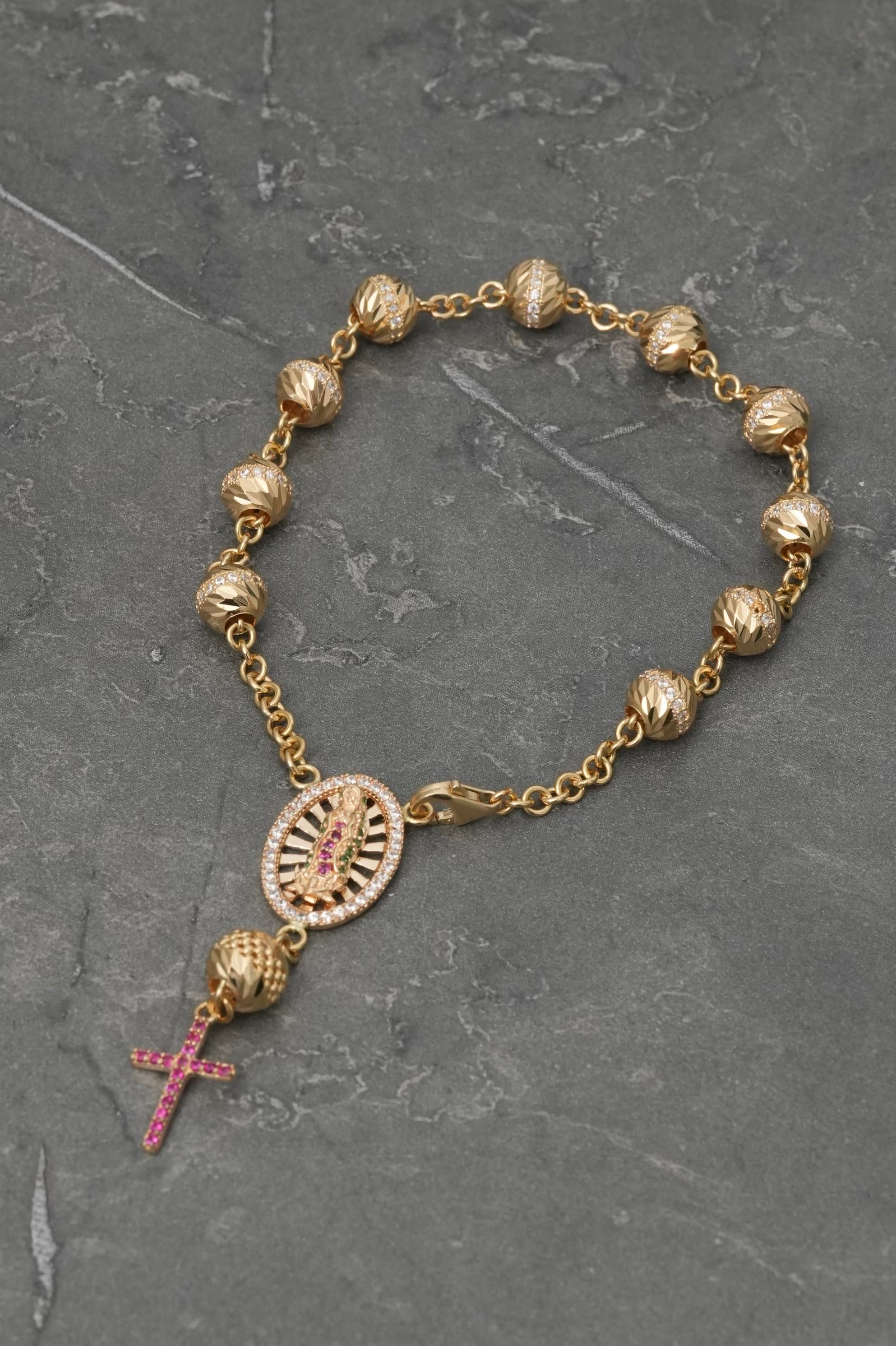 Pulso tipo denario virgen de guadalupe con swarovski 13.05gr / Largo 18cm / Oro Amarillo Nac B