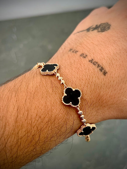 Pulso Lucky Clover Piedra Negra 10.15gr / 19cm / 14mm — Oro Rosado