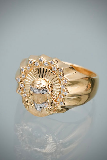 Anillo Rostro de Jesus con Swarovski Blanco 6.2gr / Talla 8 3/4 — Oro Amarillo