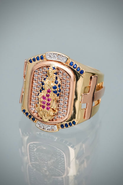 Anillo Virgen de Guadalupe con Swarovski 12.5gr / Talla 8 1/4 — Oro Dos Oros