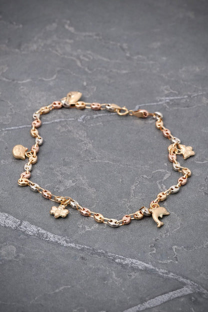 Tobillera gc con dijes 3.7gr / Largo 24cm / Tres Oros Nac B