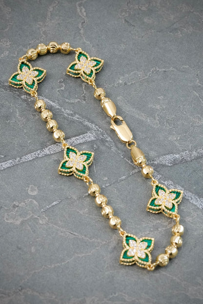 Pulso Lucky Clover Piedra Verde 9.95gr / 20.5cm / 13.1mm — Oro Amarillo
