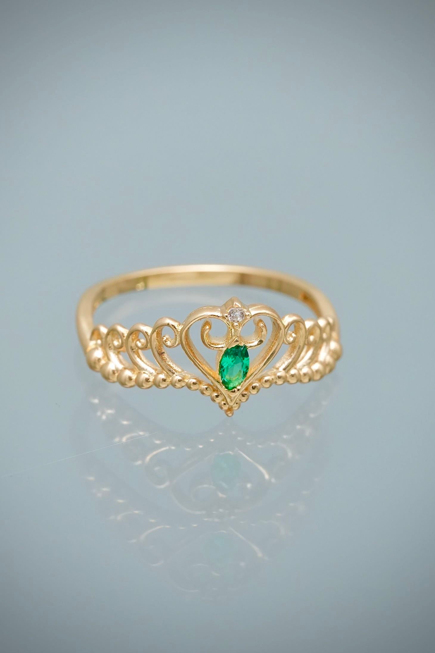 Anillo Corona con Swarovski Verde 1.9gr / Talla 6 1//2 — Oro Amarillo