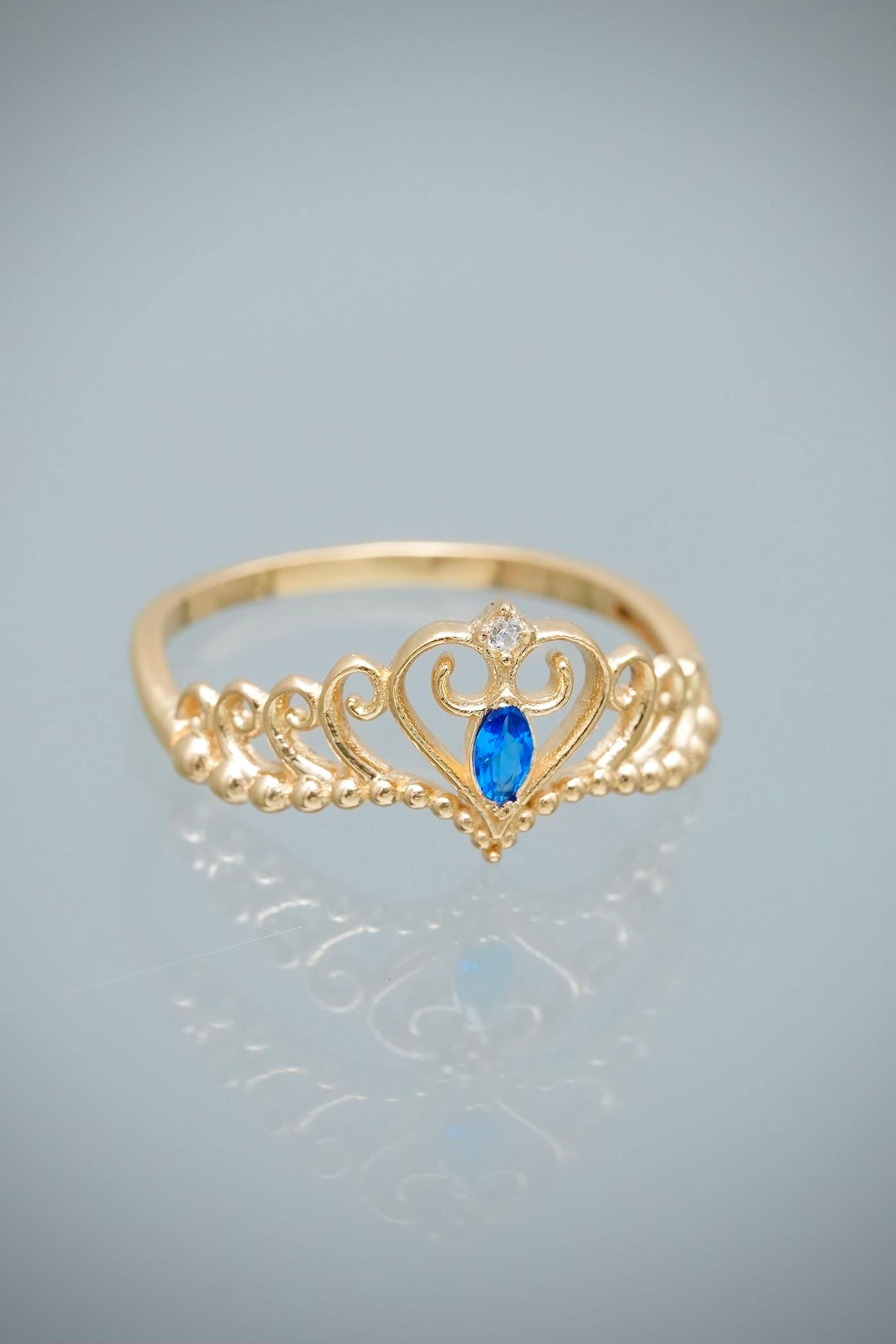 Anillo Corona con Swarovski Azul 1.9gr / Talla 6 1/2 — Oro Amarillo