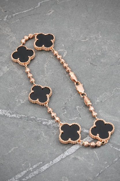 Pulso Lucky Clover Piedra Negra 10.15gr / 19cm / 14mm — Oro Rosado