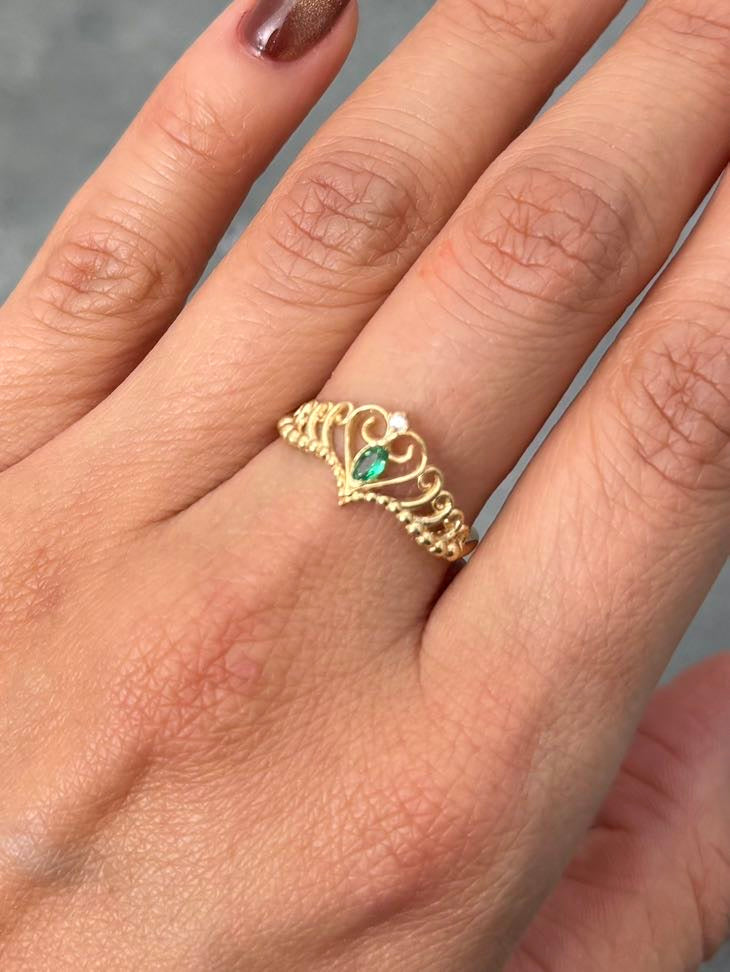 Anillo Corona con Swarovski Verde 1.9gr / Talla 6 1//2 — Oro Amarillo