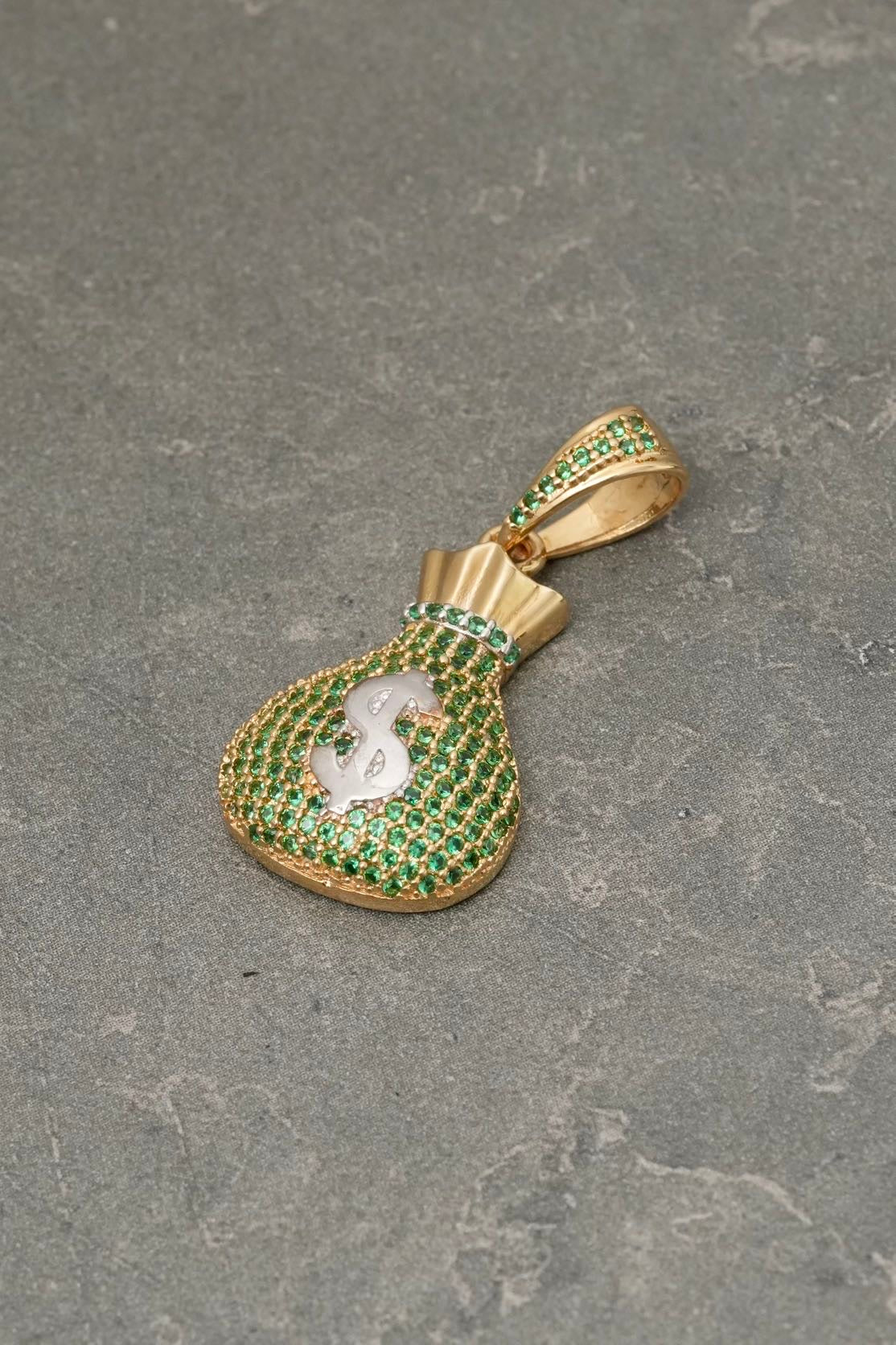 Dije bolsa de dinero con swarovski verde 4.9gr / Largo 3.4cm / Dos Oros Nac M