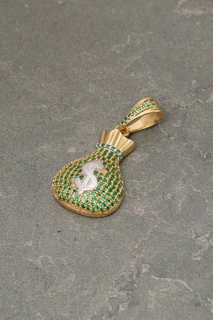 Dije bolsa de dinero con swarovski verde 4.9gr / Largo 3.4cm / Dos Oros Nac M