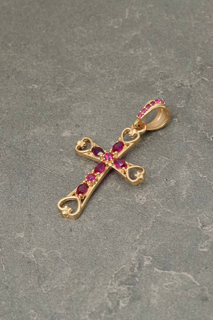 Dije cruz con swarovski fucsia 1.8gr / Largo 3.2cm — Oro Amarillo