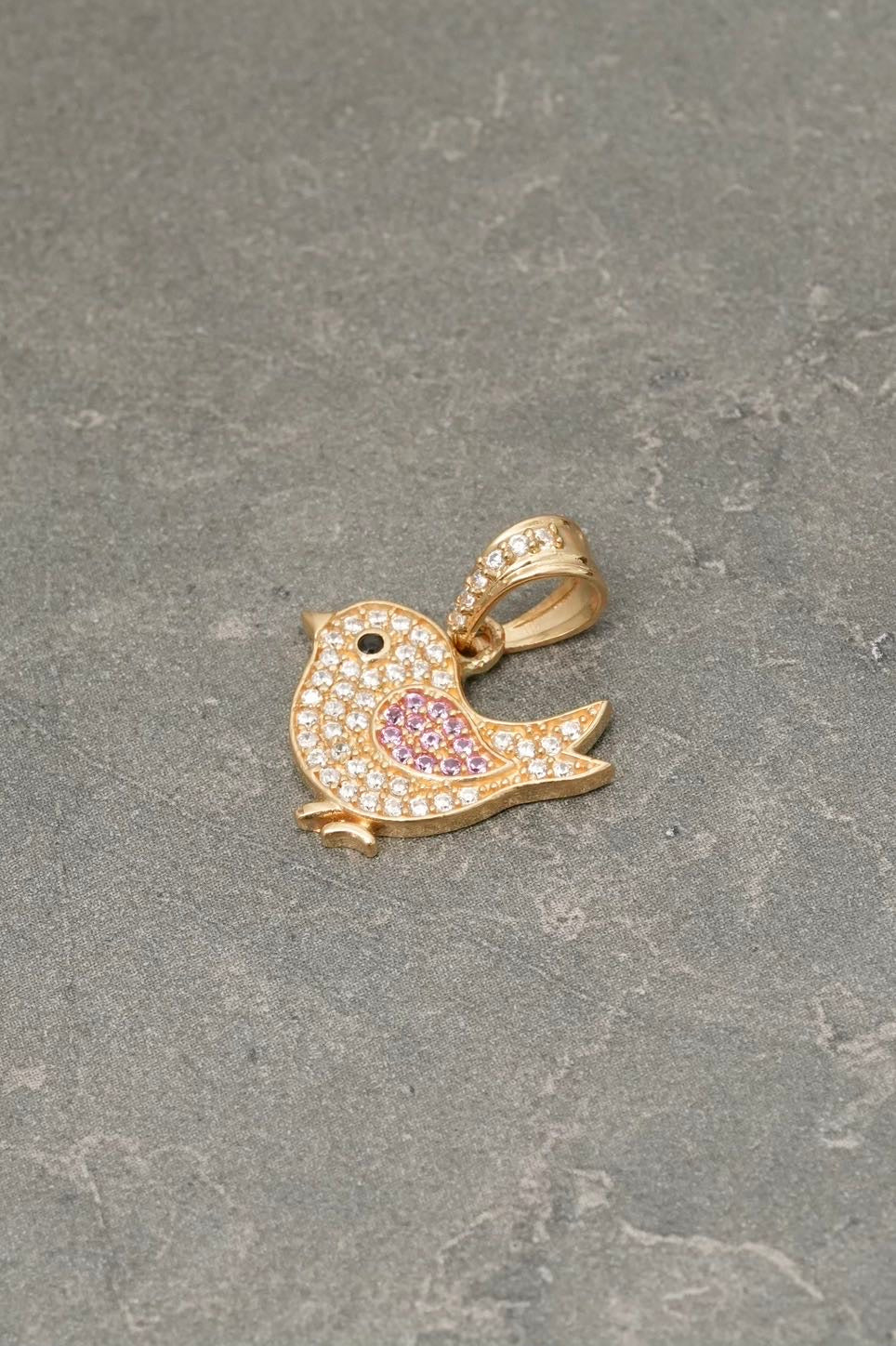Dije pajaro con swarovski rosado y blanco 1.75gr / Largo 2cm — Oro Amarillo