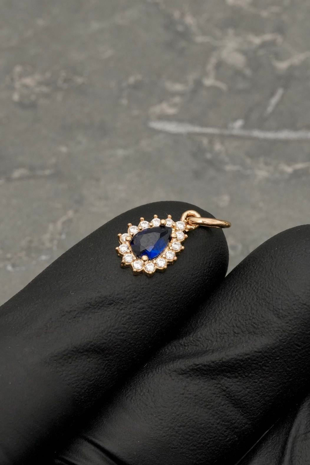 Dije lagrima con swarovski azul y blanco 0.75gr / Largo 1.5cm — Oro Amarillo