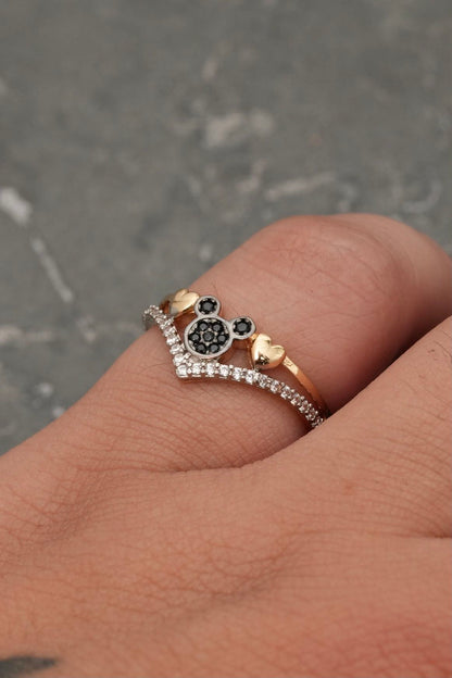 Anillo de mickey mouse con swarovski negro y blanco 2.35gr / TALLA 6 3/4 / Oro Amarillo Nac*