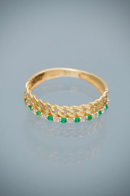 Anillo Cubano con 8pts de Esmeralda y 8pts de Diamantes 1.7gr / Talla 6 — Oro Amarillo