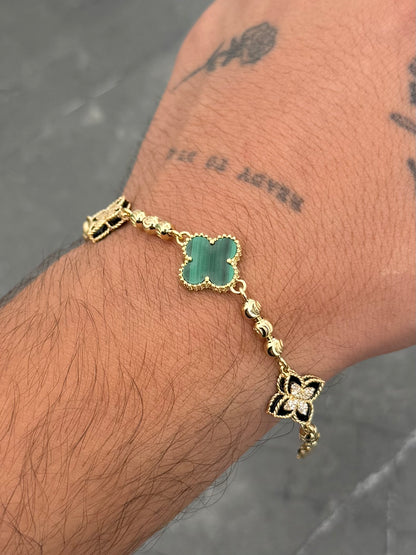 Pulso Lucky Clover Piedra Verde y Negra 10.75gr / 19cm / 13.8mm — Oro Amarillo